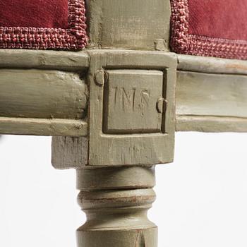 A Gustavian open armchair by J. Malmsten (master in Stockholm 1780-88).