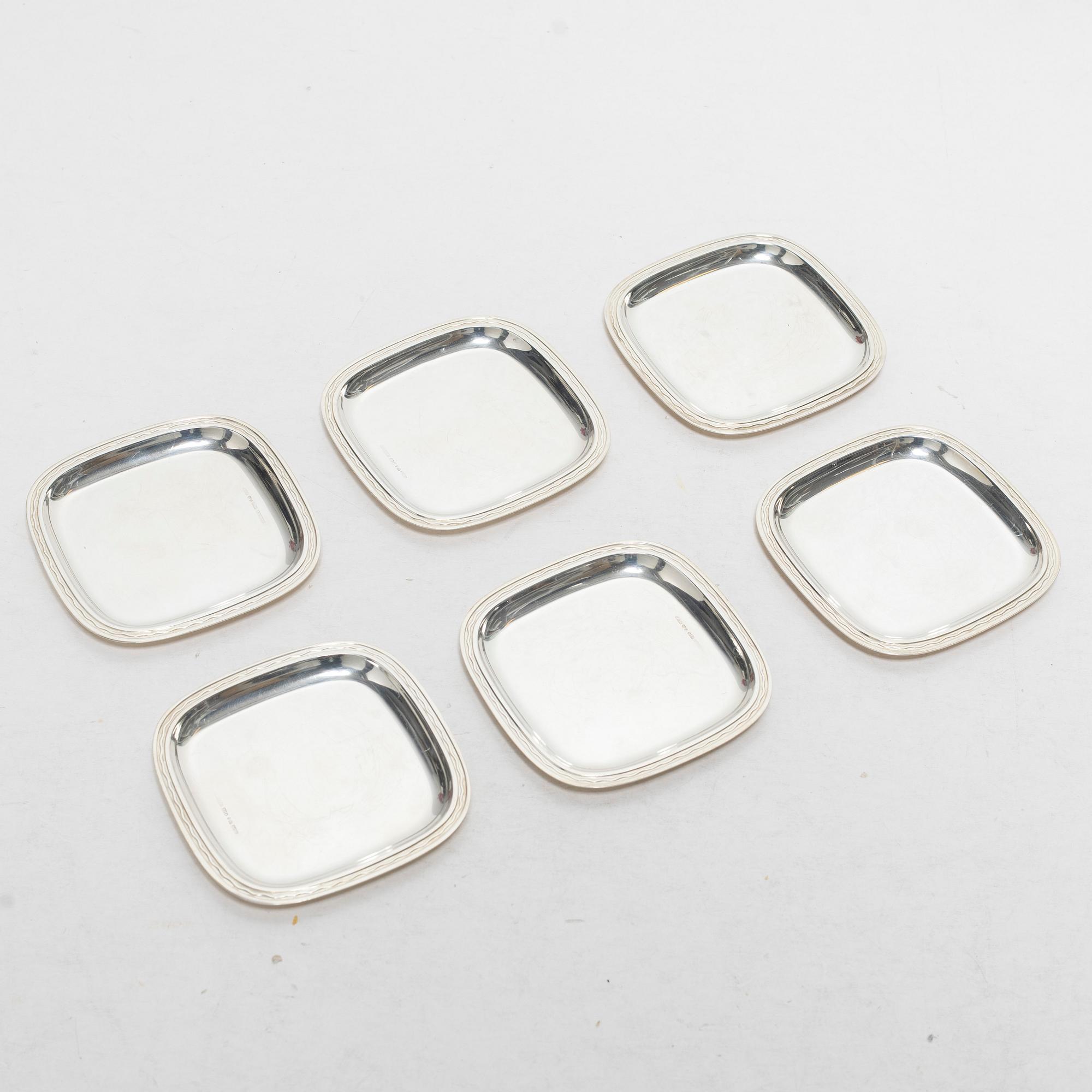 C.G. Hallberg, Coasters / ashtrays, 6 pcs, sterling silver, design by Gustaf Janson, Stockholm 1955-57.