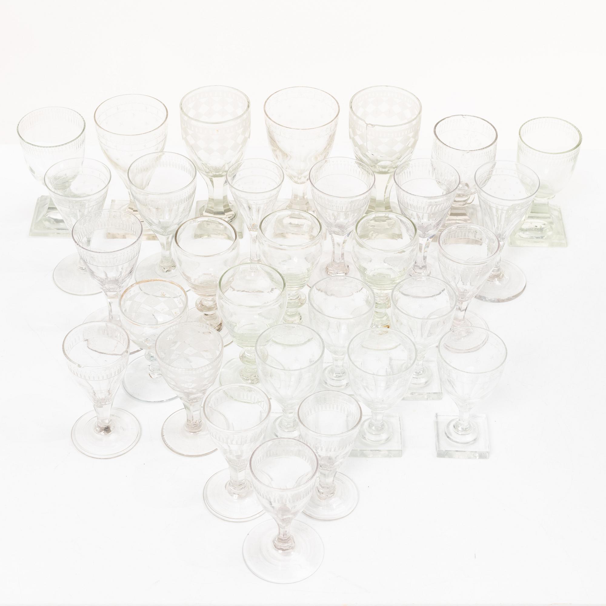 A set of thirty late Gustavian glasses, including from Casimirsborgs glassworks, late 18th/early19th century.