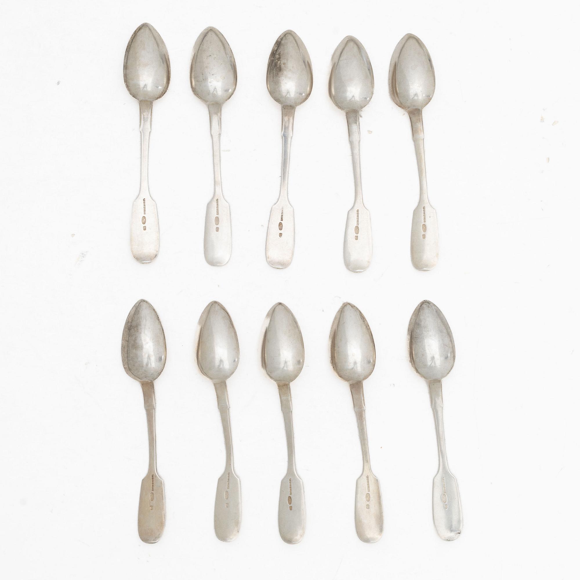 Ten silver teaspoons, Pjotr Tsuksanov, assay mark of Yakov Nikolayevich Lyapunov, St Petersburg, 1898–1903.
