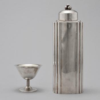 SHAKER samt GLAS, 6 st, nysilver, Tesi, 1900-talets andra kvartal.