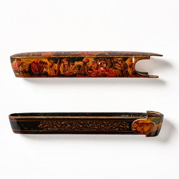 A Qajar papier-mâché polychrome lacquer Qalamdan, Persia, first half of the 19th century.