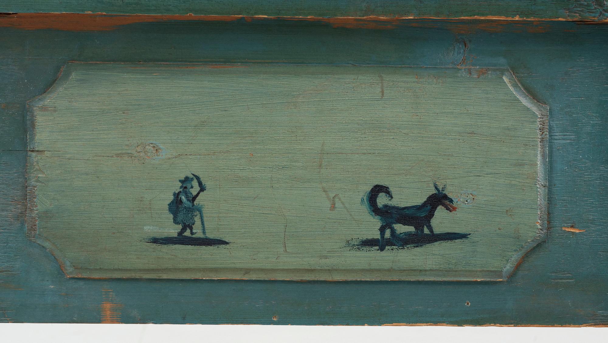 VÄGGFAST SÄNG, allmoge, Hede, Härjedalen. Bär dat 1795. Målningen utförd av vandrande målare från Järvsö, Hälsingland.