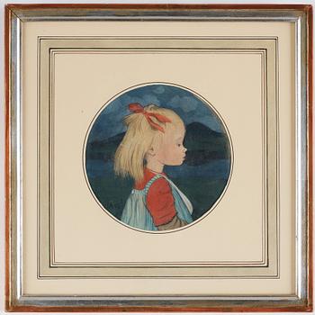 Ivar Arosenius, "Lillan" / "Lillan med rött hårband i profil" (Portrait of the artist's daughter with a red ribbon in her hair).