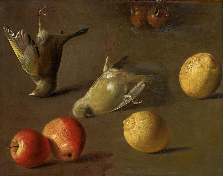 Jan Vonck Circle of, Still life with birds and fruit.