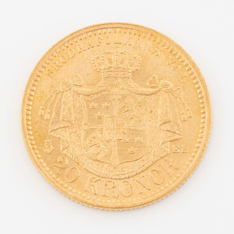 Guldmynt, Oscar II, 20 kronor, typ III, Sverige 1886.