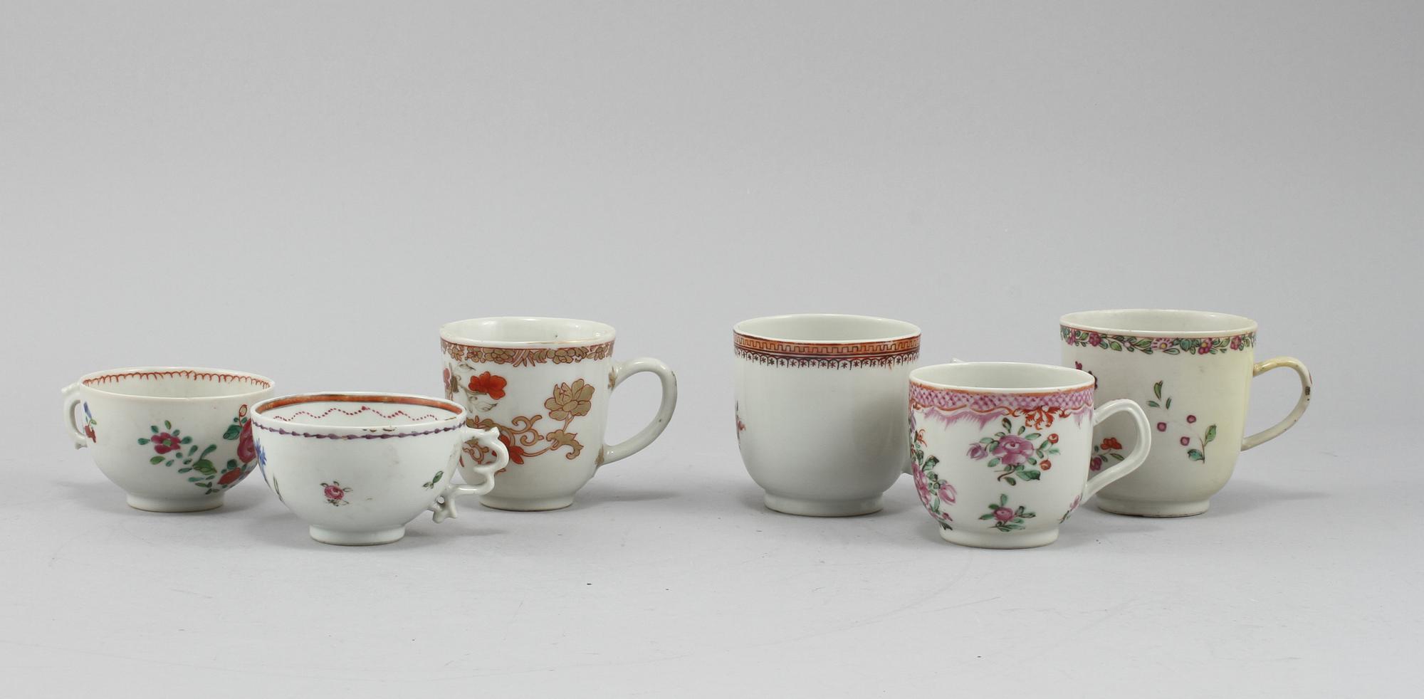 KOPPAR, 6 st samt UNDERFAT, 3 st, porslin Kina, 1700-tal.