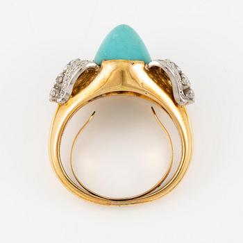 A W.A. Bolin ring in 18K gold with a turquoise and round brilliant- and eight-cut diamonds.