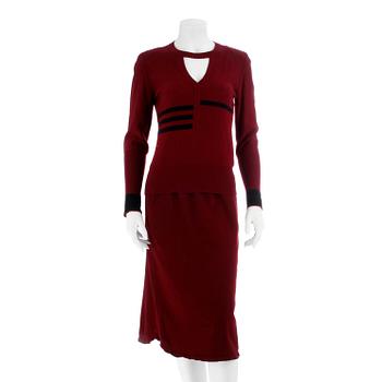 SONIA RYKIEL, a burgundy red sweater and skirt.