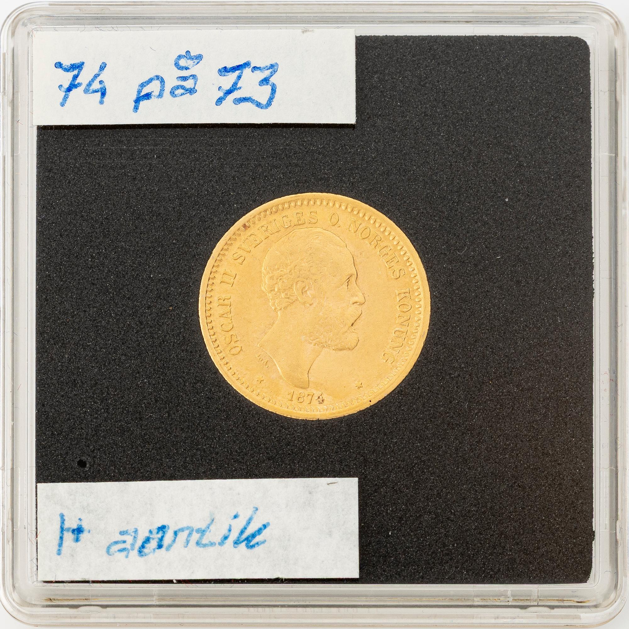 Gold coin, Oscar II, 10 kronor, type I, Sweden 1874/73.