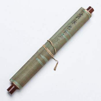 RULLMÅLNING, tusch och färg på silke. Japan, Meiji (1868-1912).
