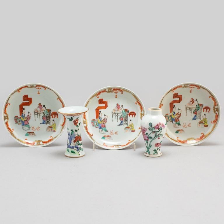 Two famille rose miniature vases, and three dishes, Qing dynasty, 18th century.