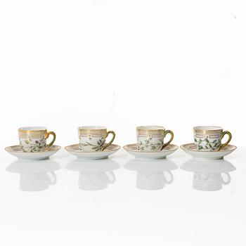 A set of four Royal Copenhagen 'Flora Danica' cups with saucers, Denmark, 20th century.