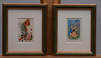 KONSTVYKORT, 5 st, efter Tove Jansson, fyra st med synlig signering i trycket, Taidekorttikeskus 1940-tal.