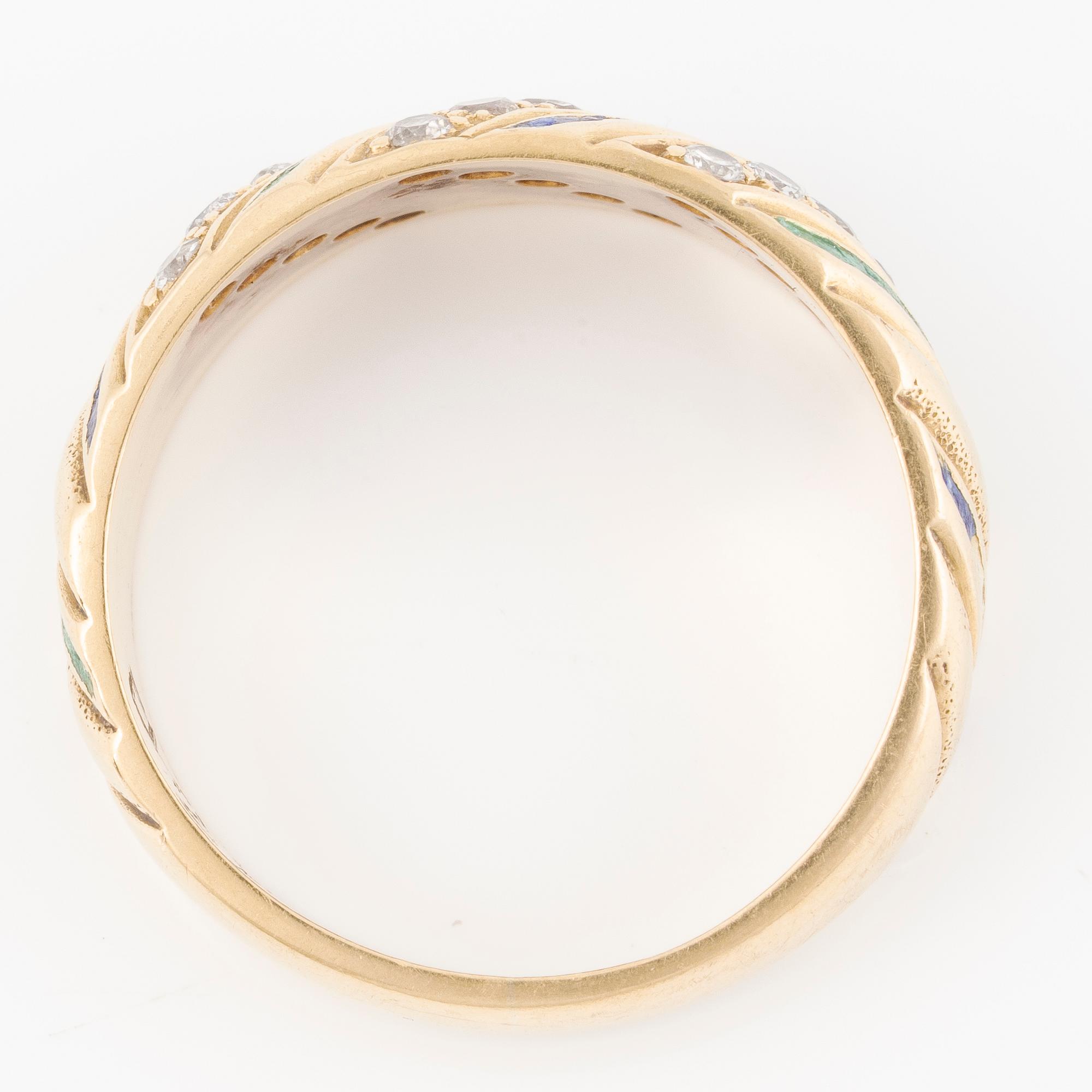 Ring, 18K guld med grön och blå emalj och briljantslipade diamanter.
