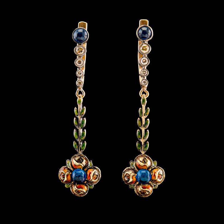 A PAIR OF EARRINGS, 56 gold, silver, sapphires, old cut diamonds, enamel. St. Petersburg early 1900 s. Weight 4,2 g.