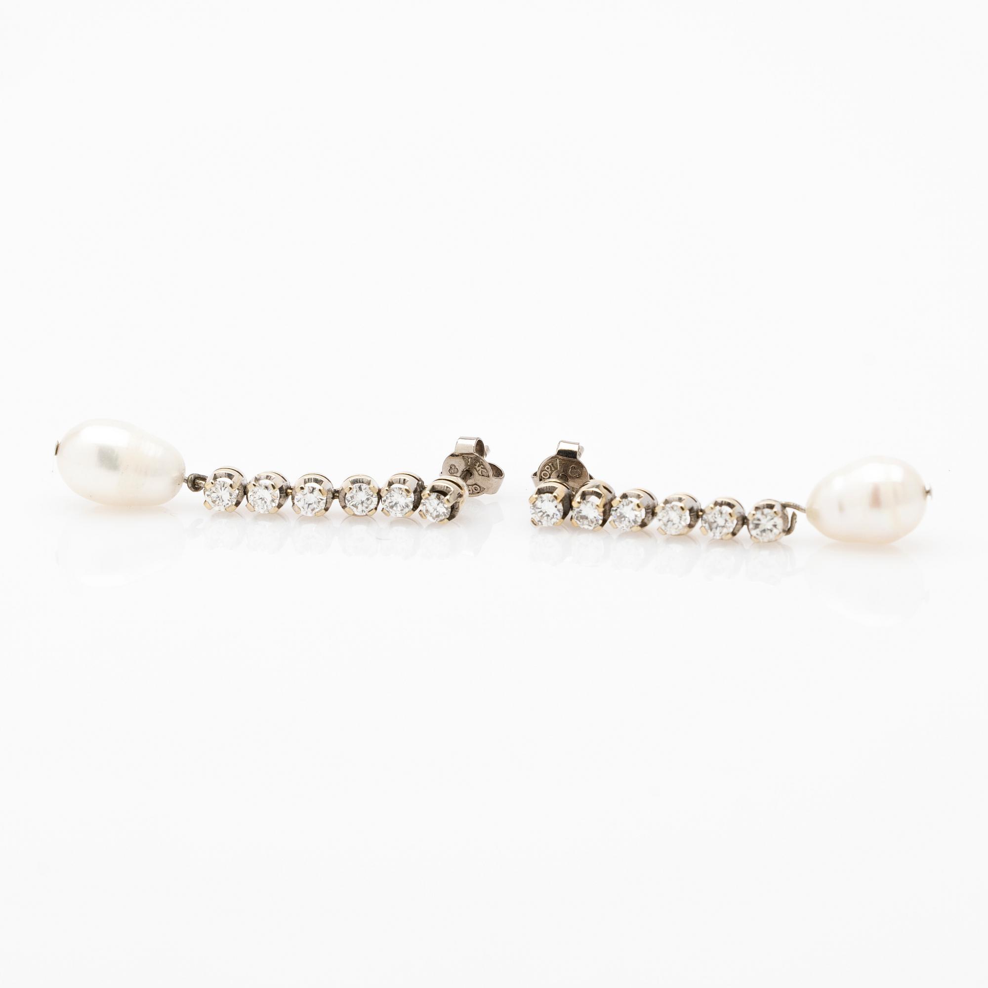 Earrings, a pair, 18K white gold with pearls and diamonds.