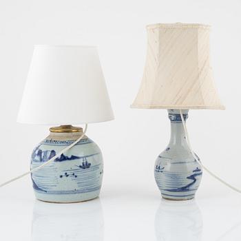 Two blue and white vases/table lamps, China, 18th/19th century.