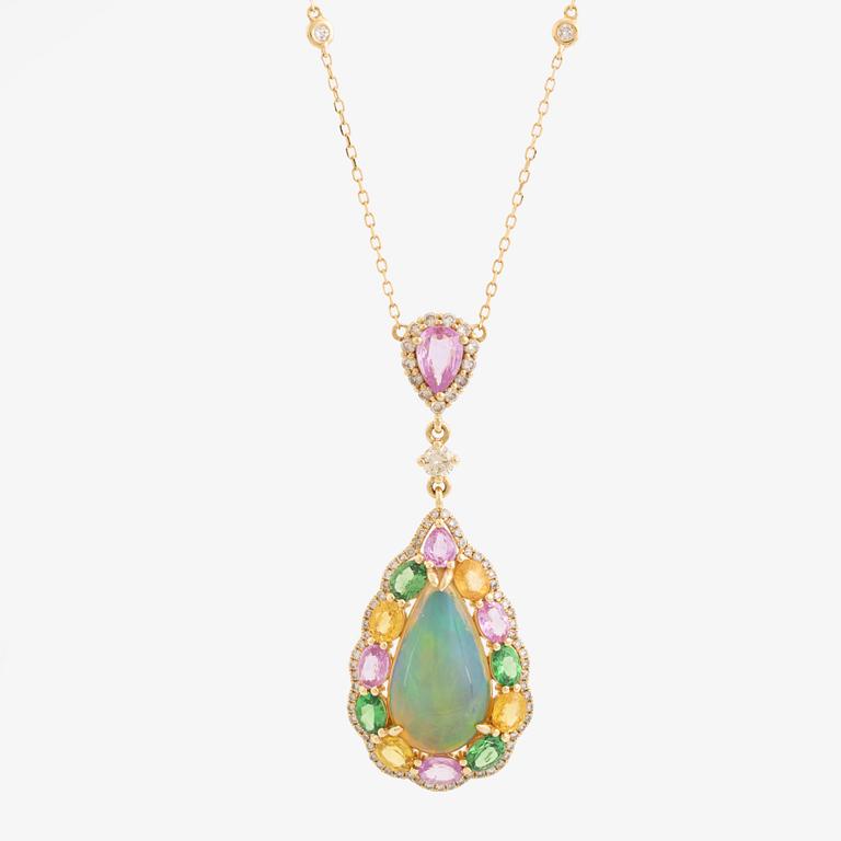 Opal, orange and pink sapphire, tsavorite and brilliant cut diamond necklace.