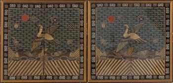 Two embroidered rank badges, Buzi, Qing dynasty, late 19th century.