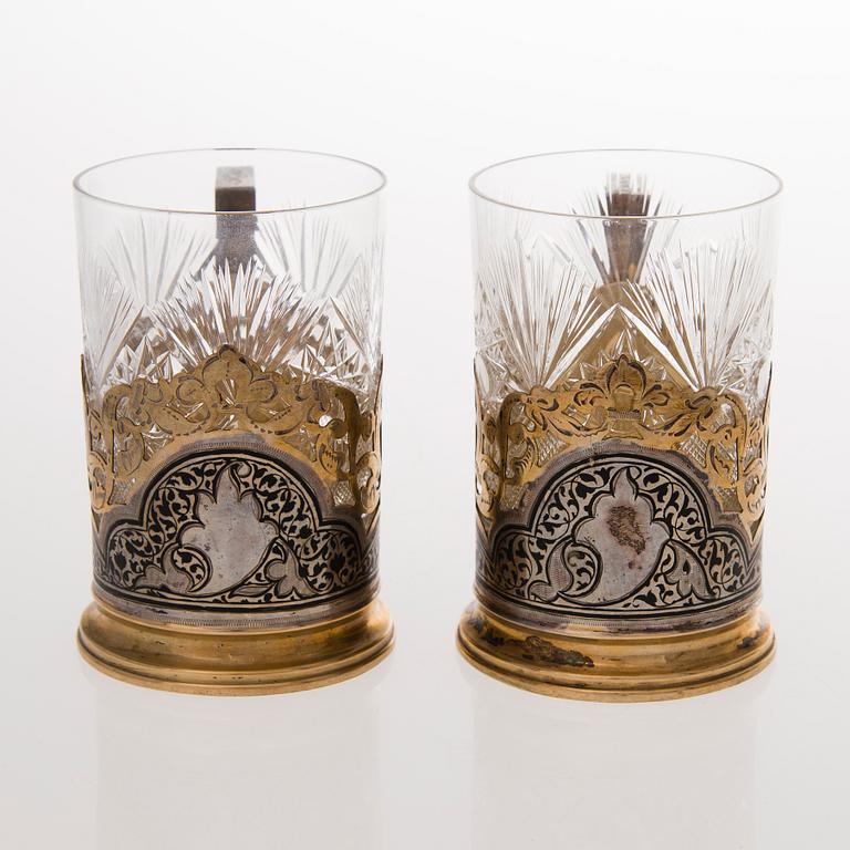 Six Russian tea glass holders, silver, metal and enamel, latter half of the 20th century.