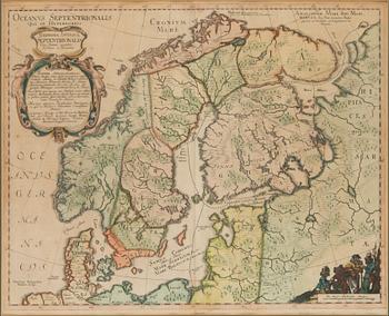 Caspar Dankwerth & J Meyer, kartta Skandinaviasta, käsinvärjätty kuparipiirros, Husum 1652.