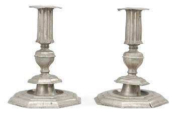 776. A pair of English Baroque 17th century pewter candlesticks marked by Richard Booth of York England.