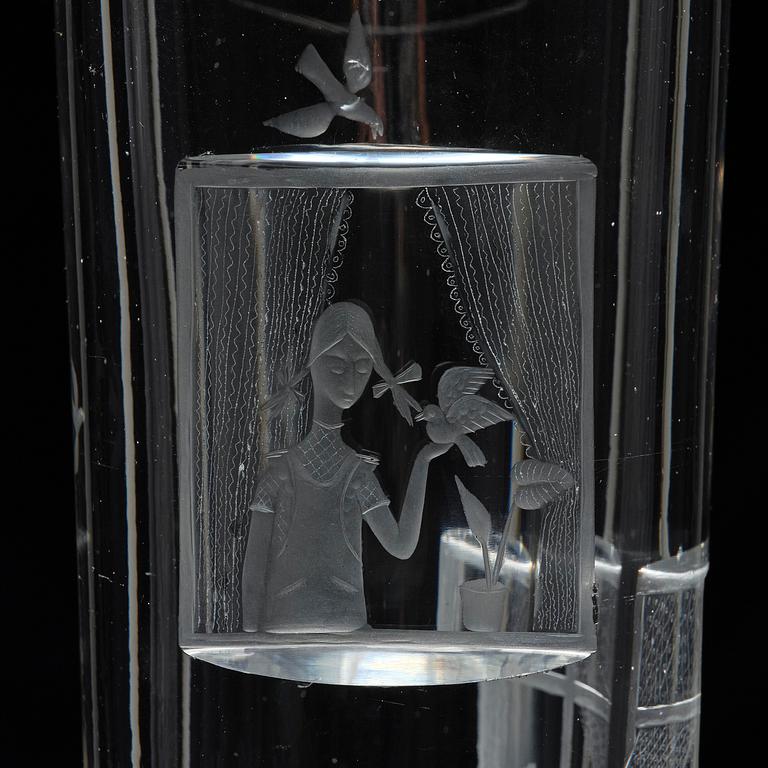 Tapio Wirkkala, a rare engraved "Finestra" glass vase, Iittala, Finland, 1947, model 3220, engraved by Theodor Käppi.