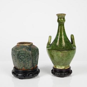 A green glazed bottle and a jar, Southern China, early 20th Century.