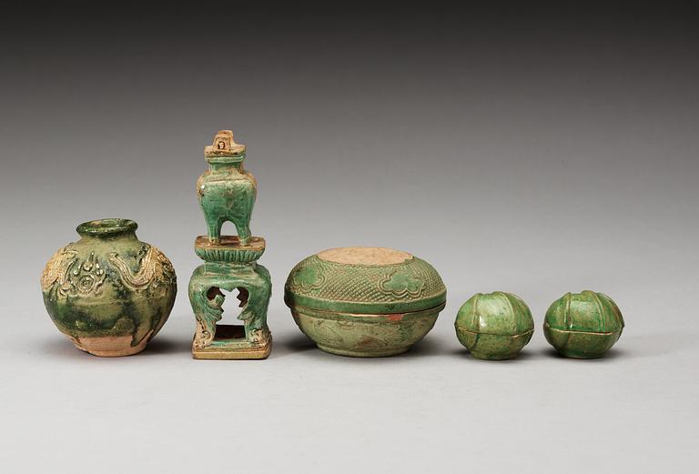 A group of five green glazed vessels, Ming dynasty, 17th Century.