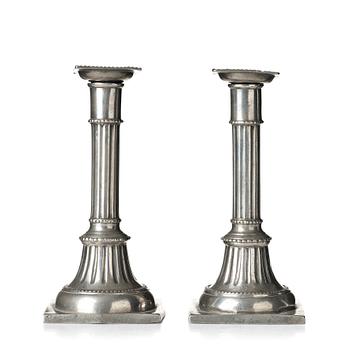 A pair of late Gustavian pewter candelsticks by Daniel Rising, Åbo 1797.