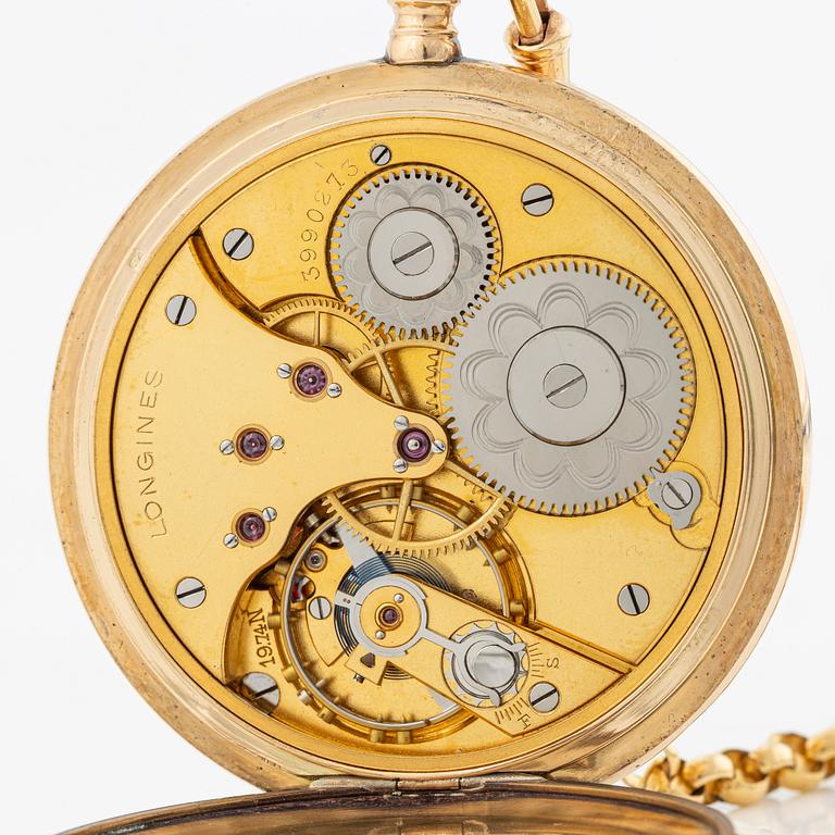 Longines, fickur, 14K guld, savonett, kedja i 18K guld, 51 mm.