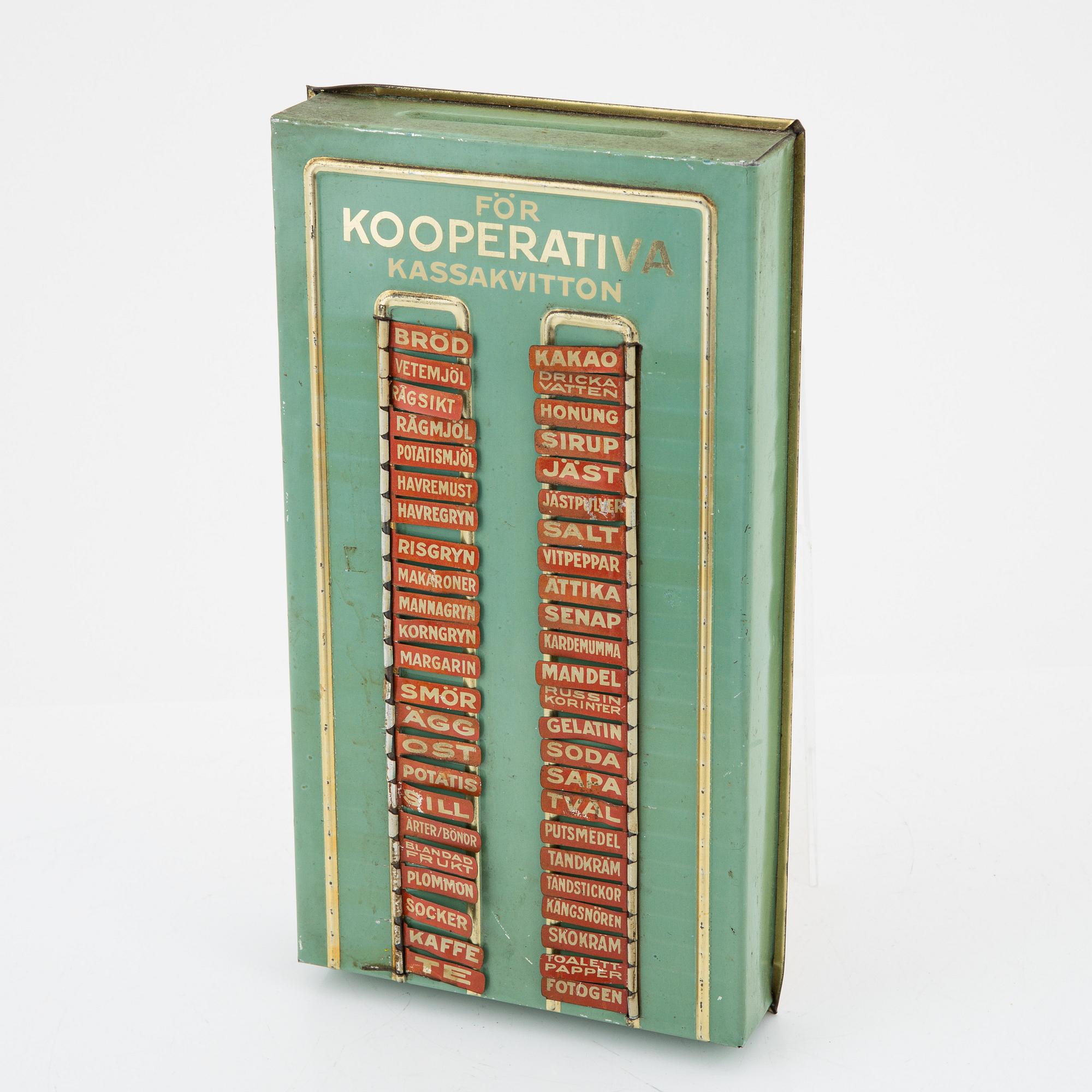 Inköpstavla, Kooperativa förbundet, AB Hugo Brusewitz Bleckvarufabrik, Göteborg, 1930-40 tal,