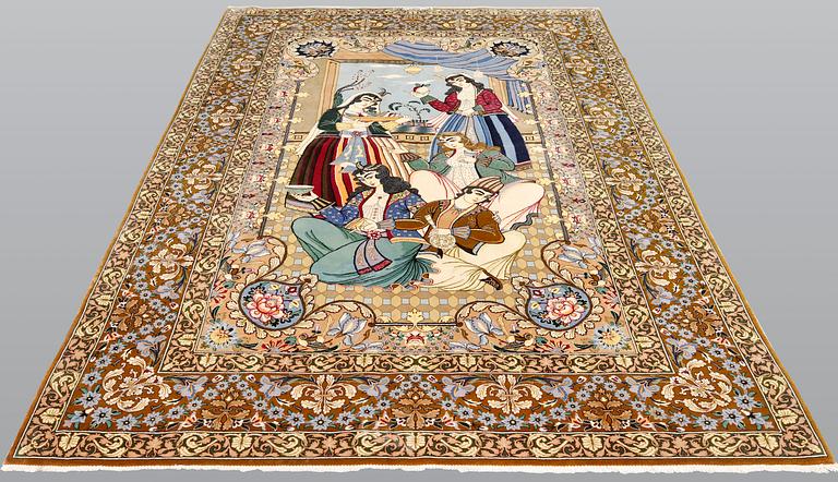 A pictoral part silk, Esfahan rug, signerad, 240 x 158 cm.