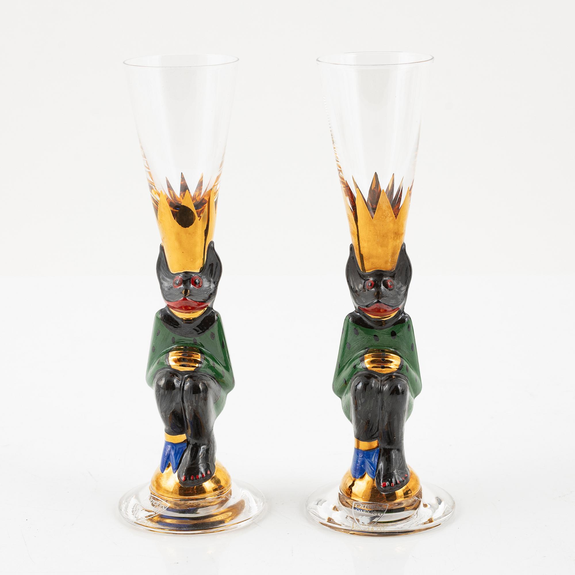 Snappsglas, 2 st, grön djävul, Gunnar Cyrén, Nobelservisen, Orrefors.