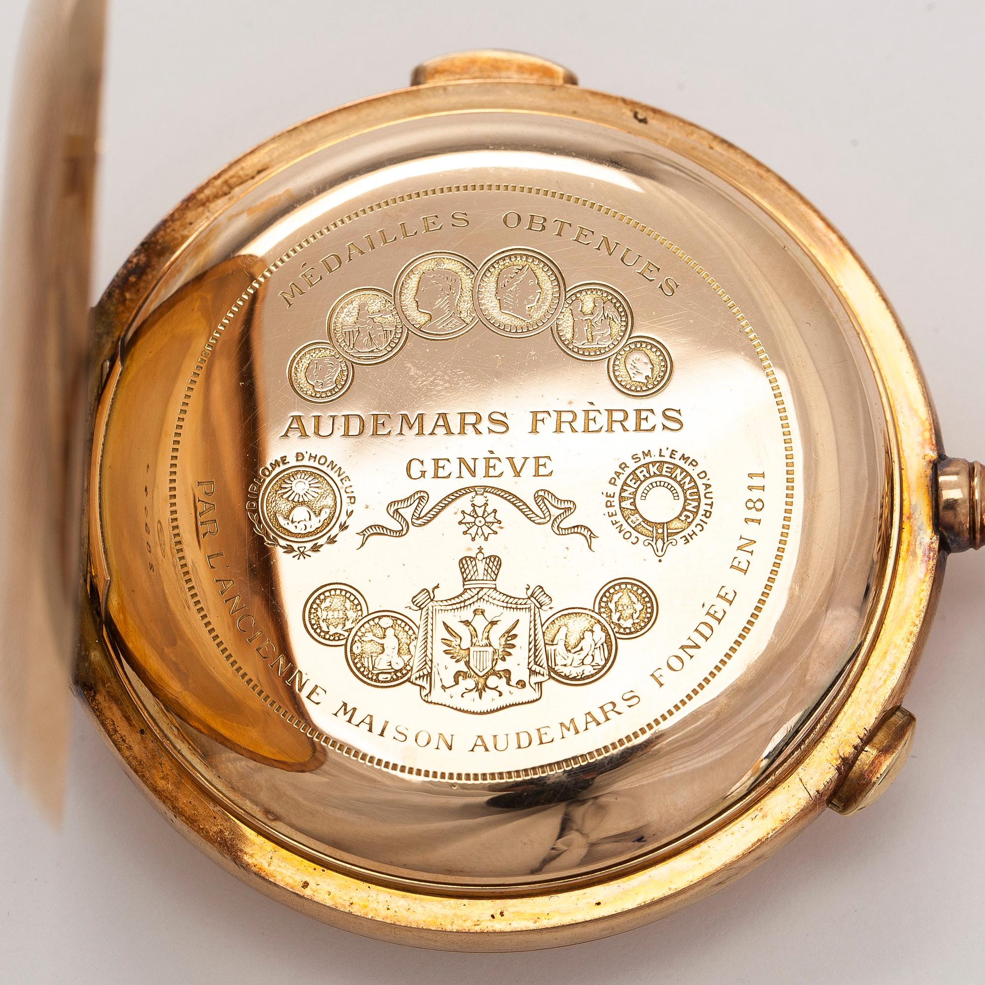 Audemars Frères, pocket watch, hunter, repeater, chronograph, 57 mm.
