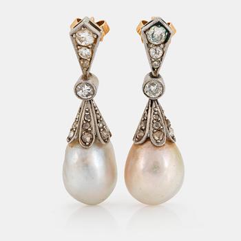 916. A pair of platinum and 18K gold pearl earrings set with old-cut diamonds.