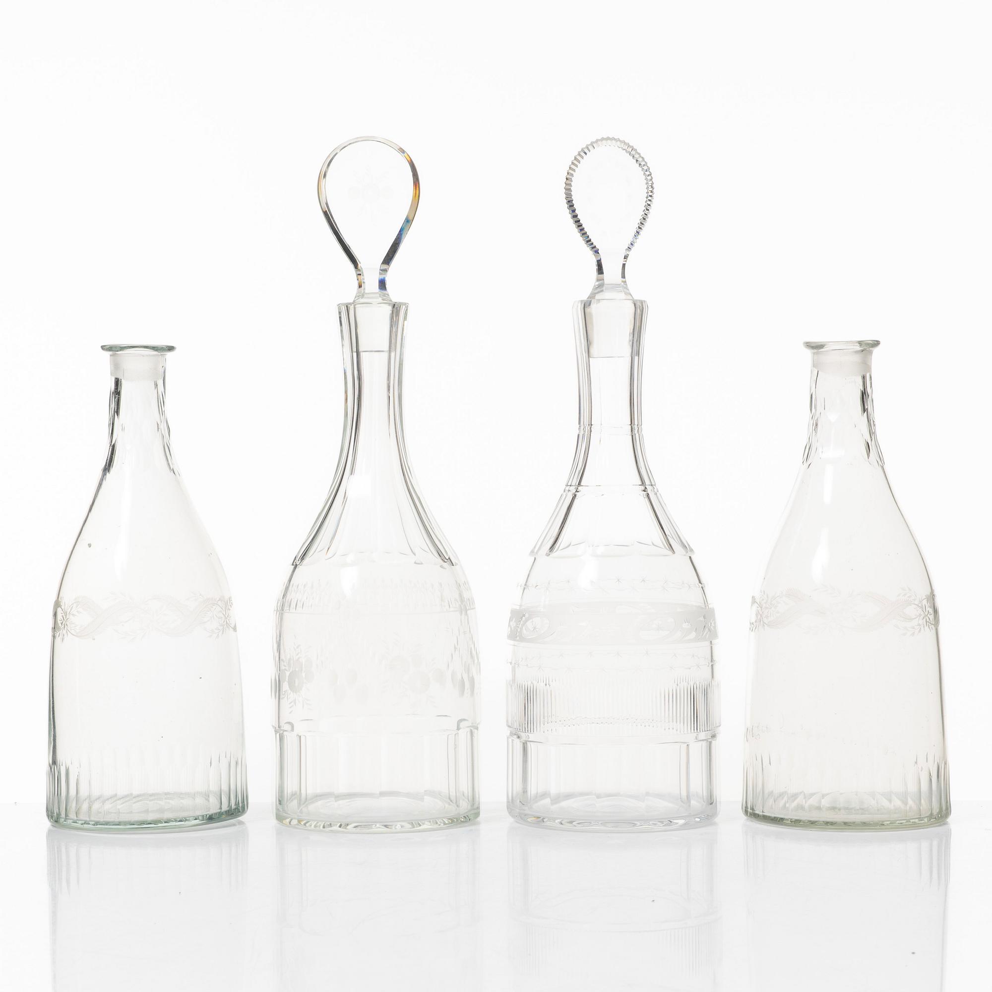 Four glass decanters, Gustavian, Sweden, late 18th century and first half of the 19th century.