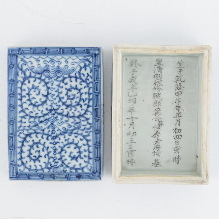 A blue and white porcelain box with cover, Qing dynasty, circa 1900. With an inscription.