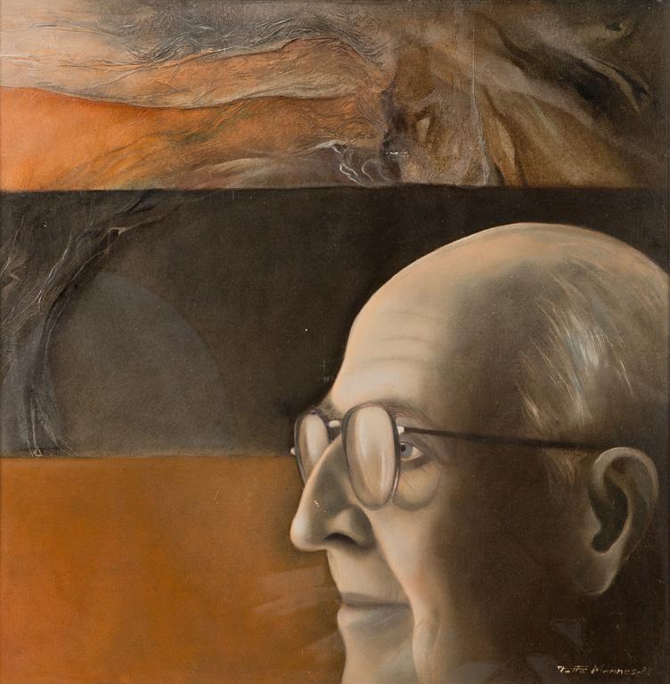 Totte Mannes, oil and collage on board, signed and dated -83.