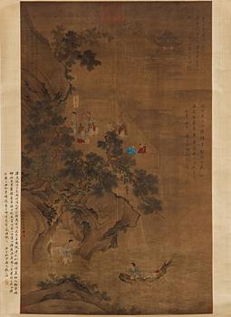 421. A hanging scroll of a landscape with figures, in the style of the Tang artist Zhu Niching, Qing dynasty, 19th century.