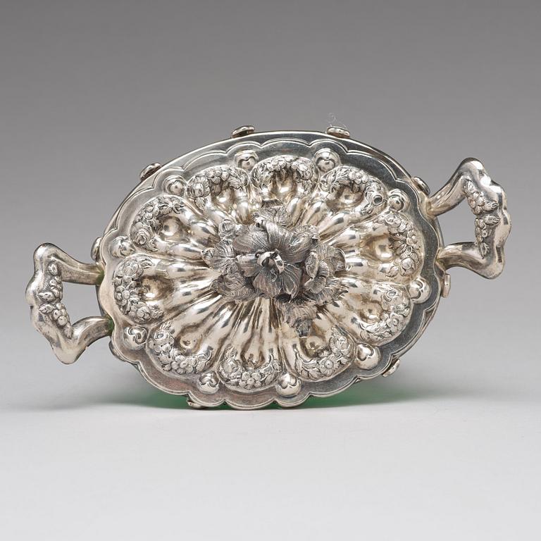 An Austrian mid 19th century silver and green glass bowl and cover on dish, un identified makers mark, Vienna 1845.