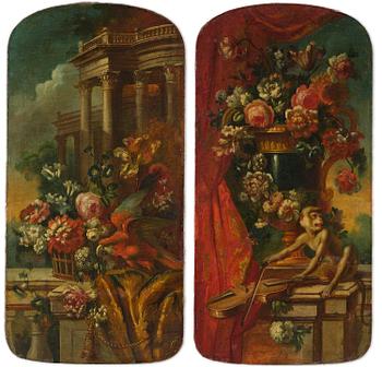 36. Pieter Casteels III, follower of, Wall panels, a pair, Flower urns with a parrot and a monkey respectively.