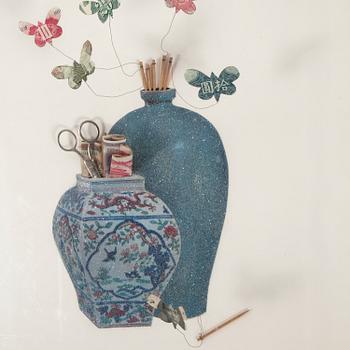 BARTON LIDICE BENES, collage/blandteknik på papper i plexilåda, signerad Barton Lidice Benes & daterad 1987 med blyerts.