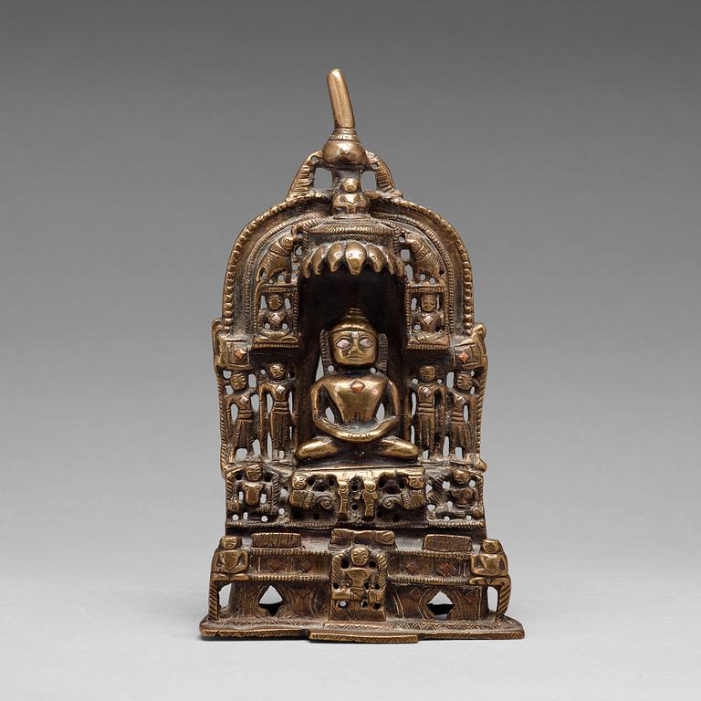 A copper alloy Jain shrine, western India. With inskription to the back.