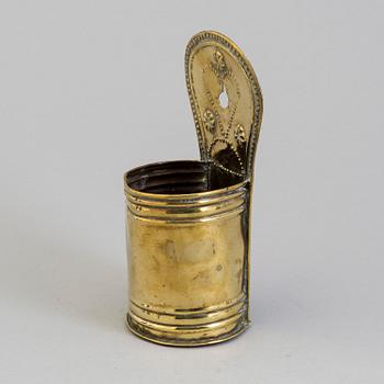 A 19TH CENTURY BRASS SPOON HOLDER.