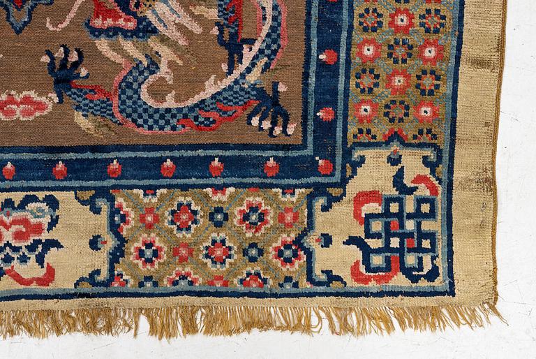 A Chinese silk and metal thread yellow ground 'five clawed dragon' carpet, Qing dynasty, 19th century. (Measure 208x126).