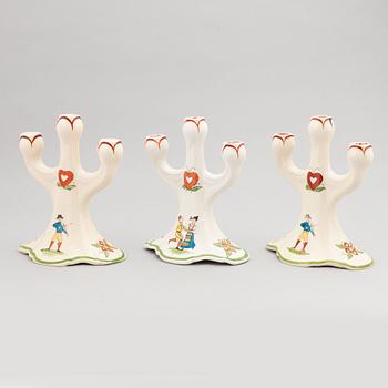 A set of three 'Daladansen' flintware candelabra from Rörstrand, Art Nouveau, early 20th Century.