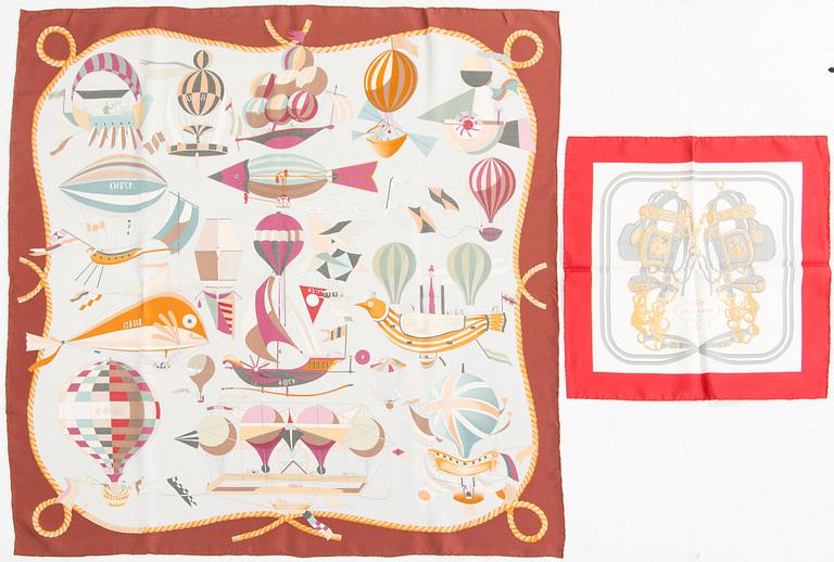 Hermès, silk pocket square and scarf, 'Brides of Gala' and 'Les Voitures à Transformation'.