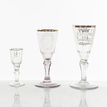 A set of two wineglasses and a small glass, 18th century.